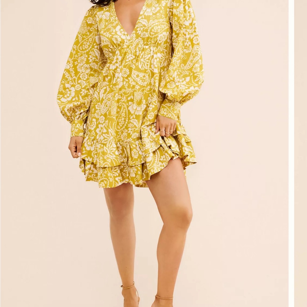 Maeve V Neck Frill Puff Sleeve Mini Dress large L
